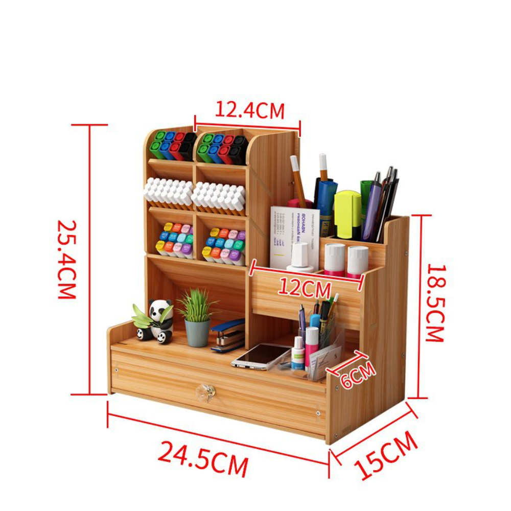 Wooden Desktop Stationery Organizer With 10 Compartment & Storage Drawers - OPENED PACKAGING